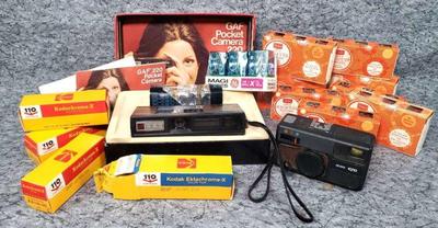 1970s kodak 110 film cameras flash cubes, and sealed 1973 film