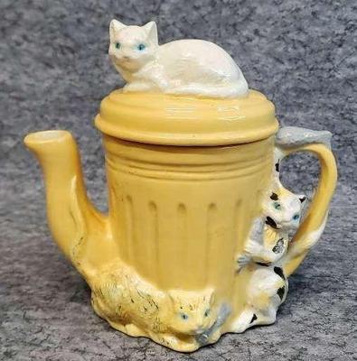 Ceramic alley cat trash can shaped teapot