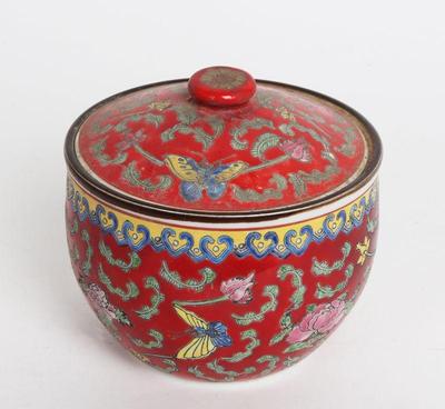 Lot 313 red chinese bowl with lid