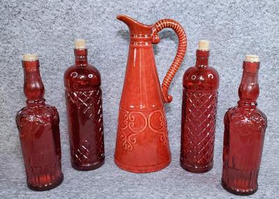 Ruby Glass Pier 1 Made In Spain Bottles, Red Ceramic Pitcher