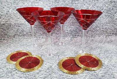 Ruby Red Cut-to-Clear Crystal Martini Glasses, Beaded Coasters
