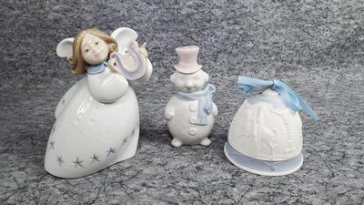 Lladro #6528 Little Angel, #5841 Snowman Ornament, #5641 Wise Men Christmas Bell