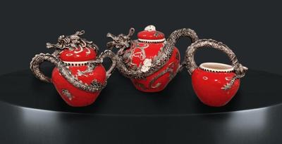Chinese Dragon Blue Sky Red Teapot, Creamer, Sugar
