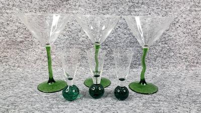 Green Art Glass Martinis and Shot Glasses 
