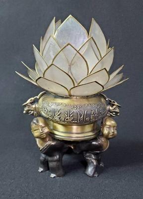 Asian Brass Figural Pot with Capiz Shell Lotus Blossom 