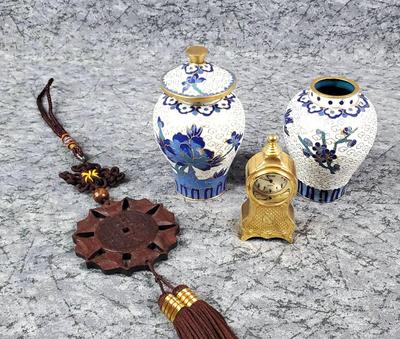 Cloisonne Style Spice Jars, Mini Perini Clock, Asian Tassel