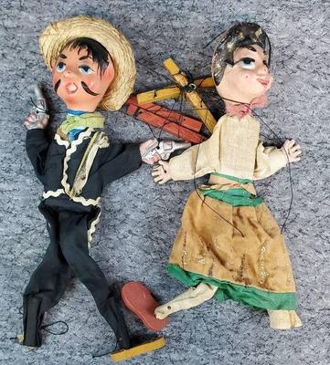 Mid Century Mexican Bandit and Senorita Marionette Puppets