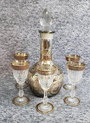 Mercury Glass Decanter, Gold Rimmed Aperitif Glasses 