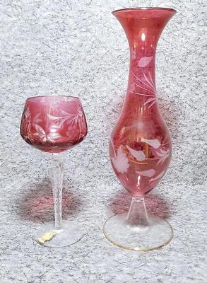 Cranberry Cut-to-Clear Wine Glass, Delicate Etched Crystal Vase 