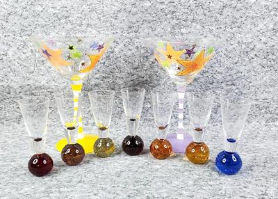 Colorful Art Glass Celebration Barware, Shot Glasses, Martinis 