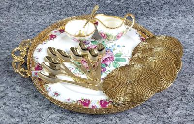 Limoges China Tray, Single Serve Creamer & Sugar, Golden Sugar Spoons