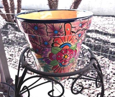 Talavera clay garden pots plus iron stands
