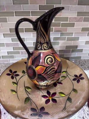 Hand painted clay flower pitcher