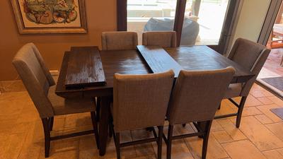 Solid Wood Dothan style Dining Table w/2 Leaves & 6 Cushioned Counter height Chairs (Reserve $450)