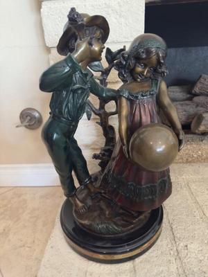 Auguste Moreau Bronze Girl & Boy 28" Bronze and marble