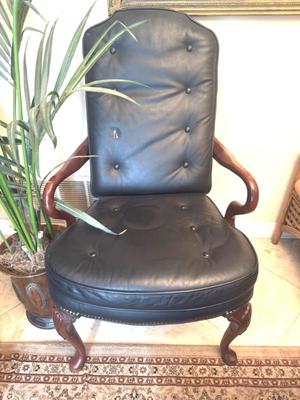 Queen Anne Style Cherry and Leather Upholstered Armchair
