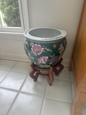 Large Asian Vase (2) with holder 10“h x 12” diameter