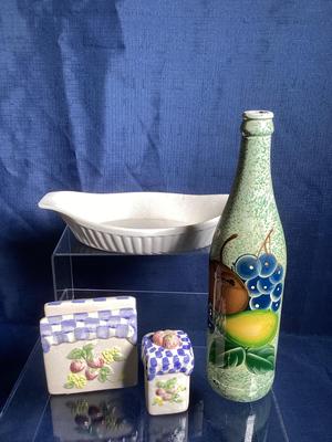 Napkin Holder With Shaker, Painted Bottle, Serving Dish