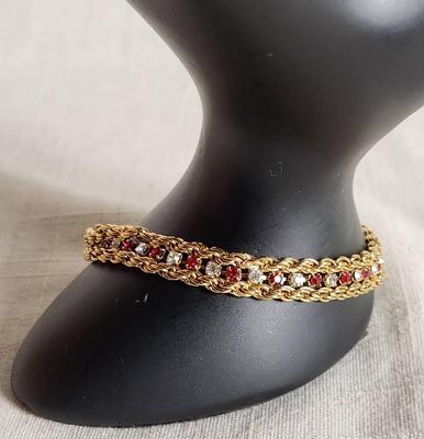 Goldtone Bracelet With Red & White Gemstones
