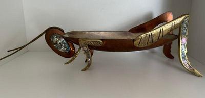 Large Mexico Copper And Brass Decorative Grasshopper Dish  With Abolone Insets
