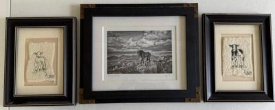Lot Framed Lamb & Cow Art And Framed Horse Photograph "Western Dancer"
