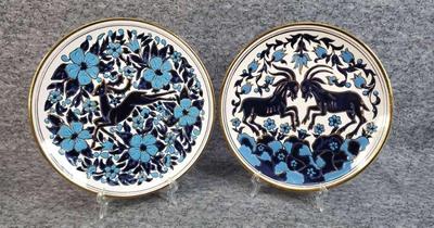 Two greek manousakis keramik art plates of goats and deer