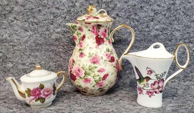 Child s teapot, hummingbird creamer and teapot wall hanging