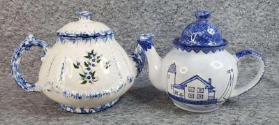 Blue spongeware hand painted teapots