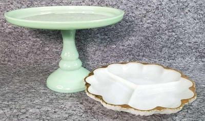 Jadeite cake dish and gold rimmed milk glass divided dish