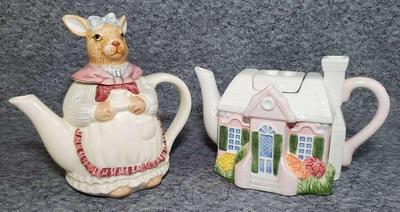 Novelty rabbit and cottage shaped teapots
