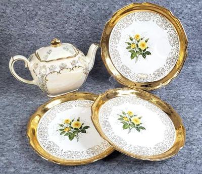 Sadler luster teapot gilded yellow rose plates (no teacups)