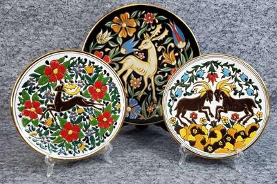 Trio of greek manousakis keramik art plates of goats and deer