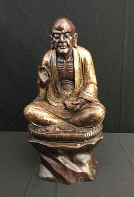 Serene Bronze Lohan Sculpture – Seated Meditator with Scroll & Chinese Inscriptions