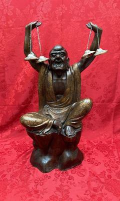Bronze Lohan Sculpture | Seated Enlightened Monk with Cymbals | Intricate Gilt Detailing