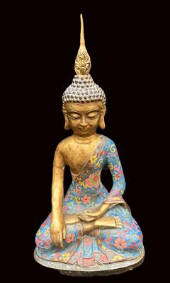Gilded & Enameled Bronze Seated Buddha | Floral Robe