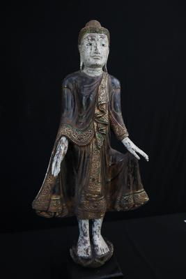 Antique Hand-Carved Burmese Standing Buddha Statue | Gilded & Inlaid with Glass Mosaic | 39" Tall