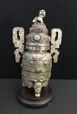Mongolian Silver Incense Urn (#2) Mythical Finial, Jade, Turquoise & Coral Inlay, Ceremonial Design