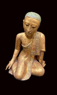 Gilded Wooden Kneeling Monk Statue | Hand-Carved with Inlaid Glass Detailing