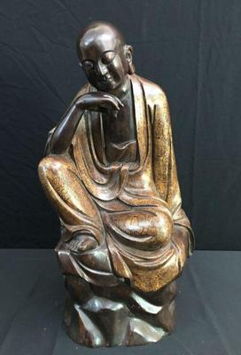 Serene Bronze Lohan Statue – Seated Buddhist Sage in Contemplative Pose with Engraved Flowing Robe