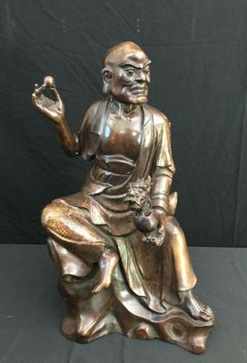 Regal Bronze Lohan Sculpture – Seated Sage with Ritual Pearl & Dragon-Headed Vessel