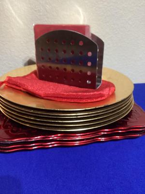 Gold And Red Color Charger Plates And Silver Matel Napkin  Holder