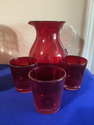 Red Glass Pitcher  With 3 Glasses 