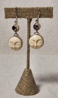 .925 Smiling Moon Face & Amethyst Pierced Earrings 