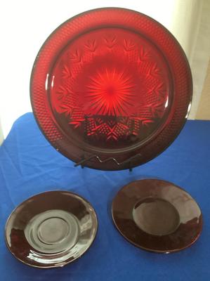 Ruby Red Platter And Two Small Saucers 