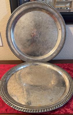 2 Large Thin Silver Round Serving Trays 