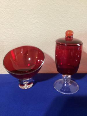 Vintage Bombay crystal ruby red slanted glass and Vintage Cranberry Red Glass Candy Dish