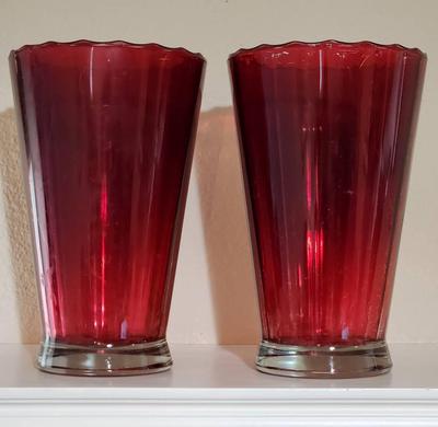 2 Scalloped Edge Red Glass Vases 
