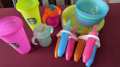 Colorful Plastic Bowls, Plates, Frozen Treat Maker, Starbucks Cups And Sippy Cups