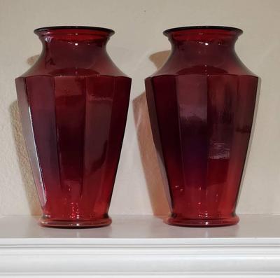 2 Large Ruby Red Glass Vases