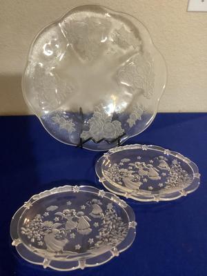 Glass Platter Frosted Leaves And Roses Two Dinner Ware Plates